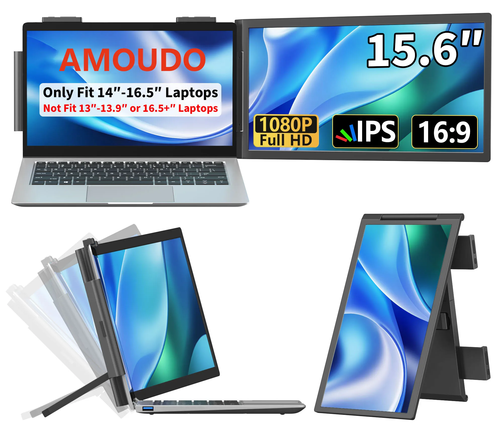 

Amoudo 15,6-дюймовый портативный монитор 1920x1080P, удлинитель экрана ноутбука для ноутбуков 14-16,5 дюймов с портом USB-C/HDMI для Windows Xbox