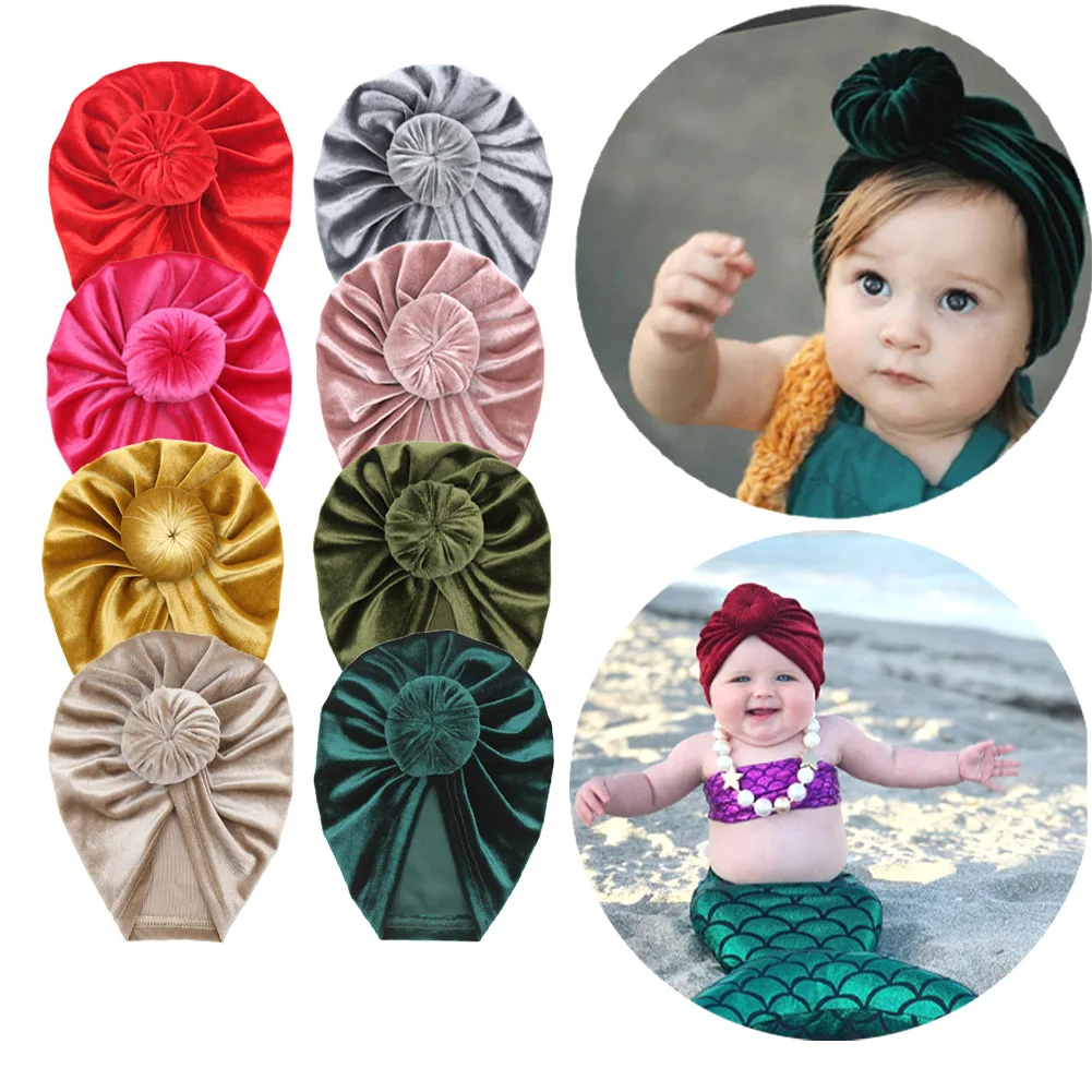 18pc/lot Cute Donut Baby Hat Velvet Elastic Beanie Cap Newborn Round Knot Turban Kids Headbands Infant Hats Hair Accessories