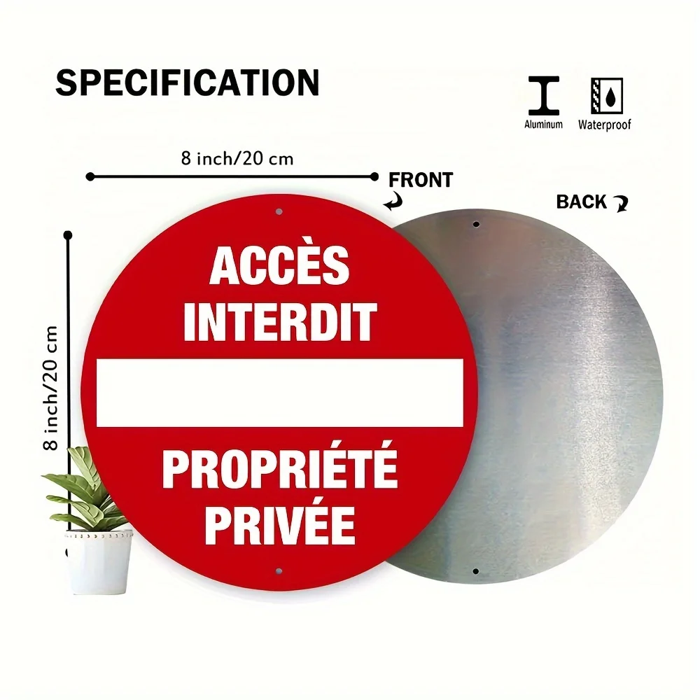 2D Flat Vintage Accès Interdit Propriété Privée Round Tin Sign - Retro French No Entry Private Property Red White Wall Decor Fo