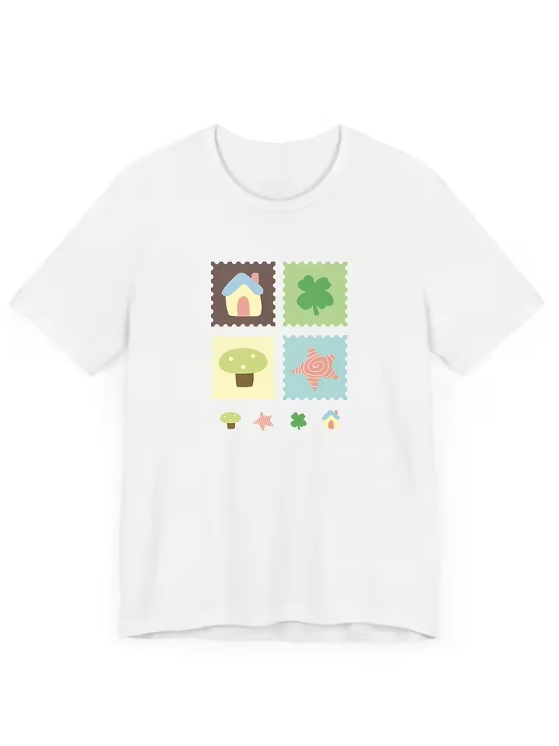 Cute Stamp Style House Mushroom Clover Star Graphic T-Shirt Spring Summer Casual Short Sleeve Daily Wear Tee Top Clothing