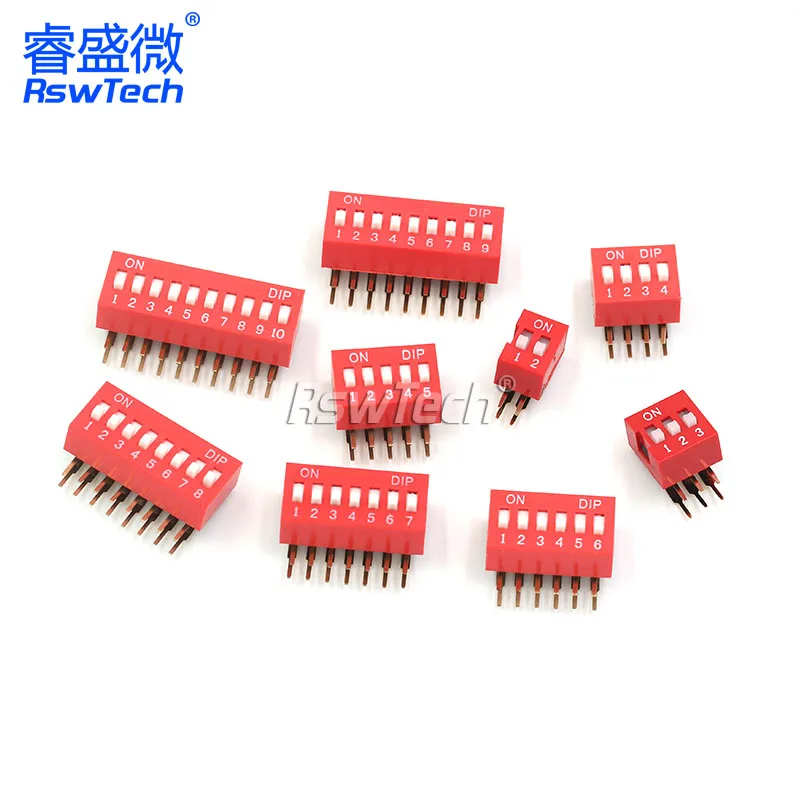 2PCS Red DIP Switch Bent Feet 2.54mm Distance Side Dip Straight Insert 2/3/4/5/6/7/8/9/10P