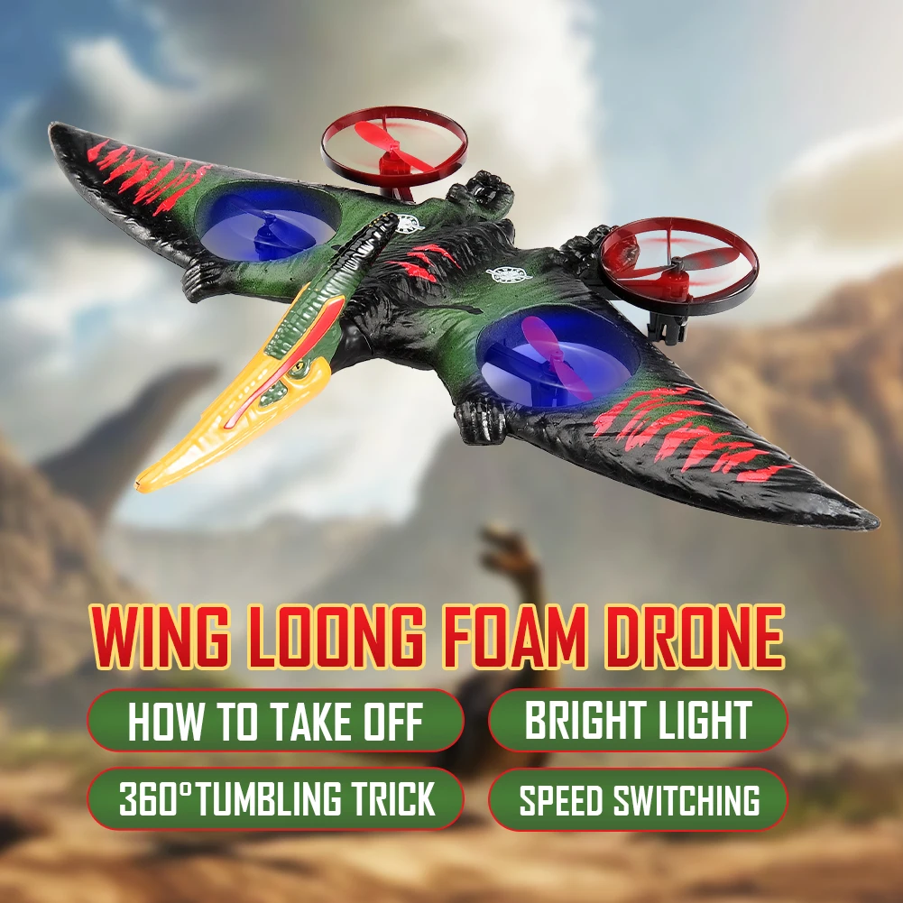 RC Plane 2.4G 6-Axis Gyro Pterosaur RC Drone 360 Degree Mini Dinosaur RC Aircraft with LED EPP One Key Take-Off Airplane Toys