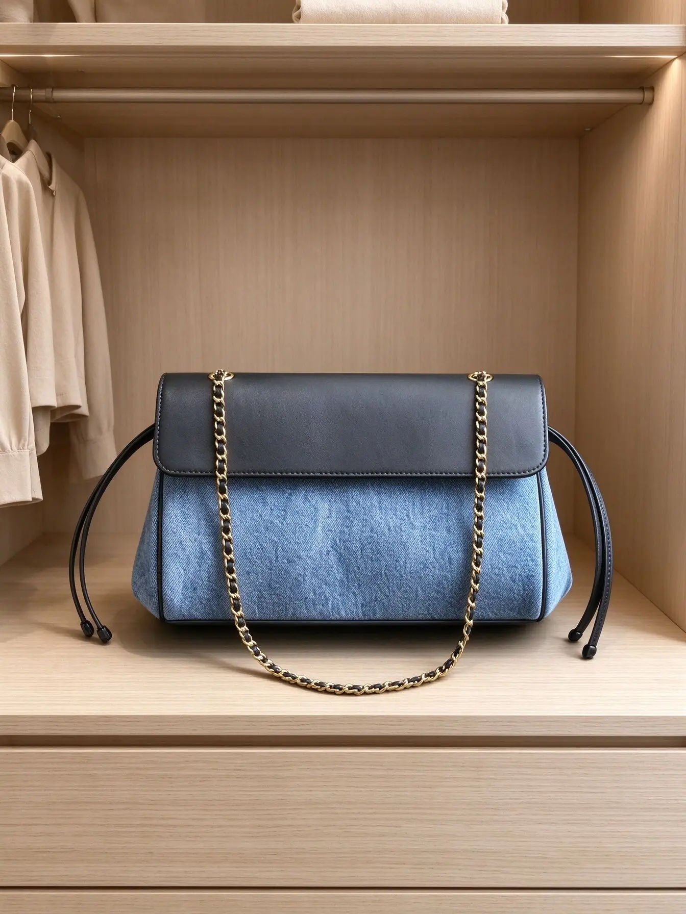 Women Flap Chain Shoulder Bag Denim Spliced PU Leather Drawstring Decor Large Capacity Ladies Crossbody Handbag