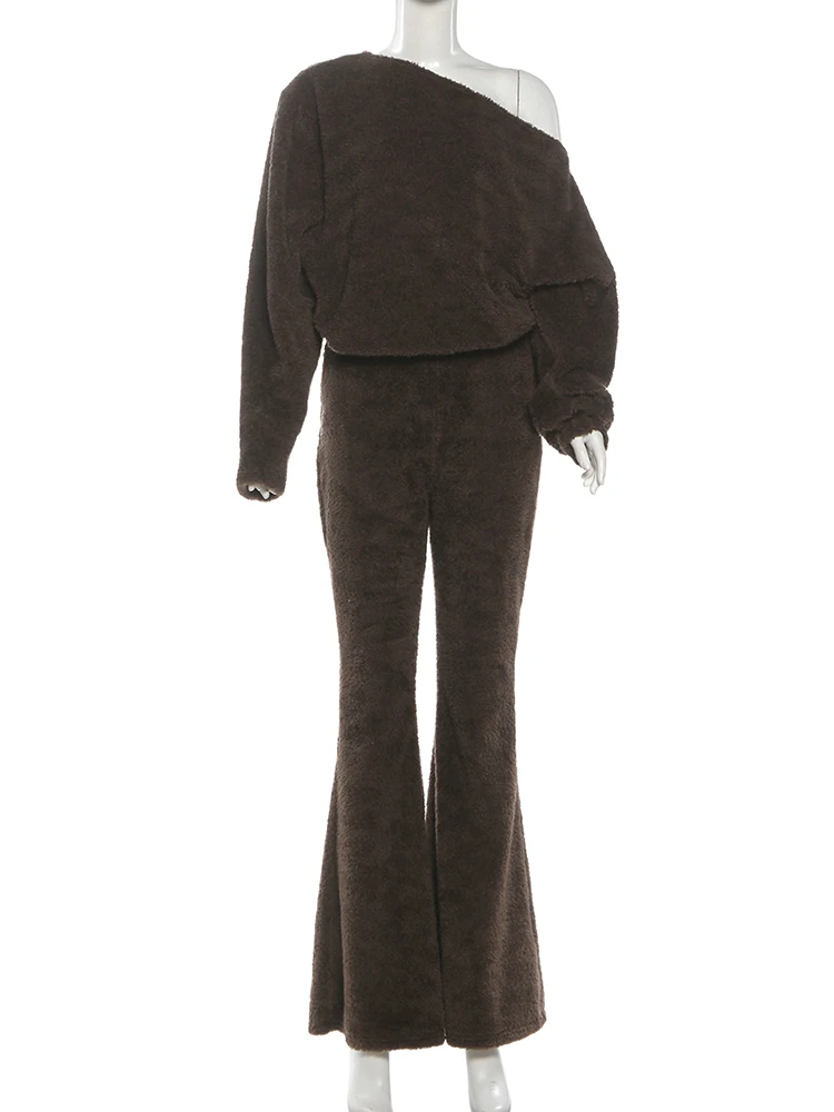 Nibber Comfortable Fleece 2-Piece Set Women Skew Collar Full Sleeve Crop Tops+Elastic Waist Flared Pants Fashion Simple Suits