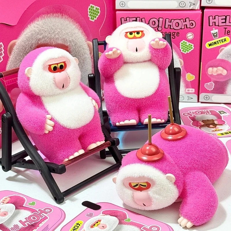 Caja ciega flocada Hoho Original, mono rosa Kawaii feo, muñeca bonita y exquisita, regalos de cumpleaños Kawaii encantadores hechos exquisitamente