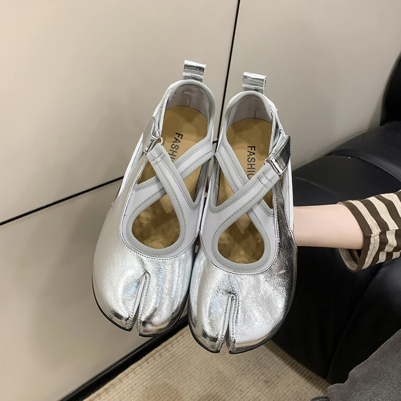 Women's 2026 New Tabi Ballet Flats Cross Strap Buckle Soft Leather Casual Shoes for Women Daily Outdoor Street Wear  All Seasons image 6