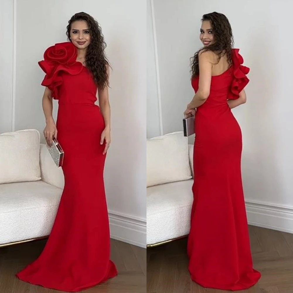   Simple Modern Style Formal Evening One-Shoulder A-line Flowers Satin Bespoke Occasion Dresses