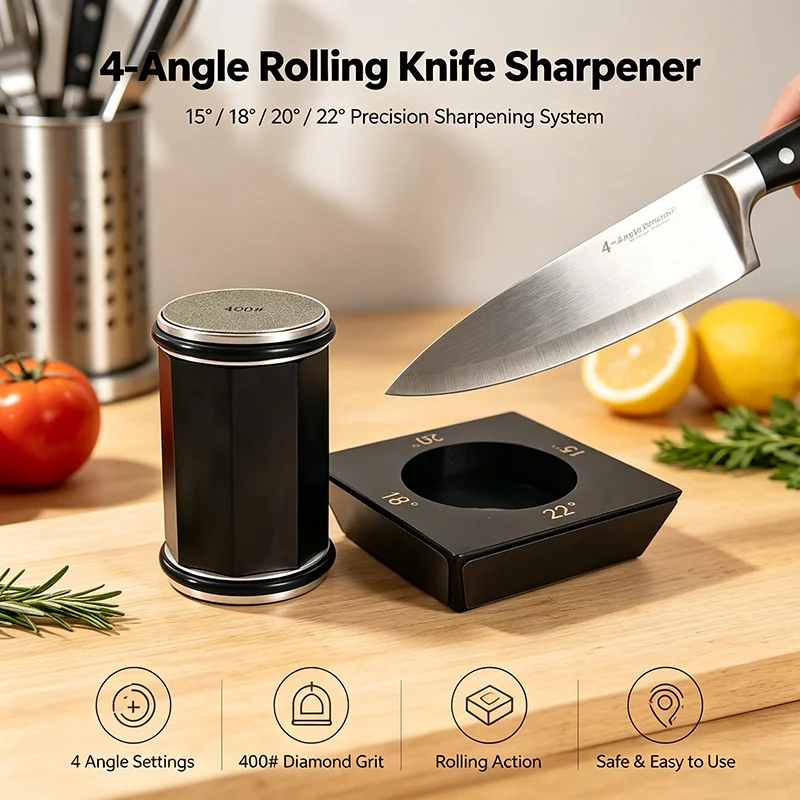 New Professional Octagonal Roller Knife Sharpener 4-Angle 15/18/20/22° Diamond Grinder Wooden Base With Magnet Kitchen Tool Kits