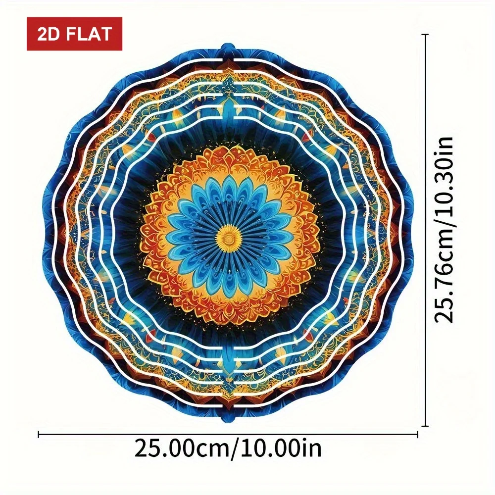 2D Flat 10 Inch Kaleidoscope Mandala Wind Chime - Multicolor Garden Patio Balcony Indoor Outdoor Durable Iron Decor Gift