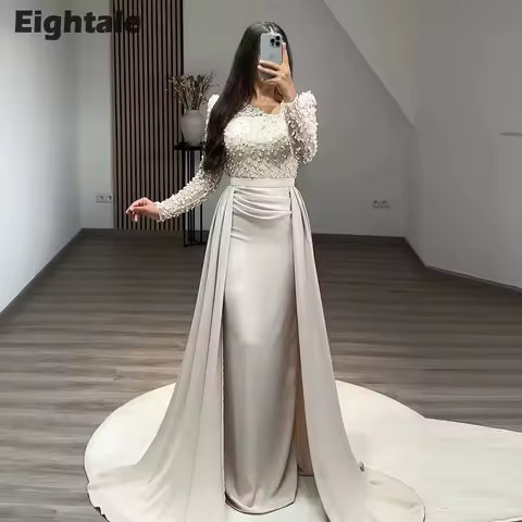 Eightale Arabic Evening Dress Champagne Long Sleeves Customized Stretchy Satin Wedding Party Dress Mermaid Vestido De Noche