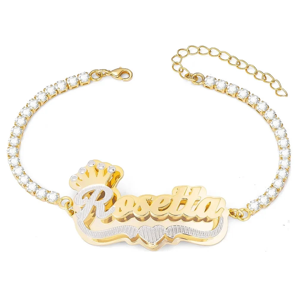 Customized Name Double Plate Two Tone Crown Heart Nameplate with Zircon Chain Personalized Custom Gold Plated Name Bracelet