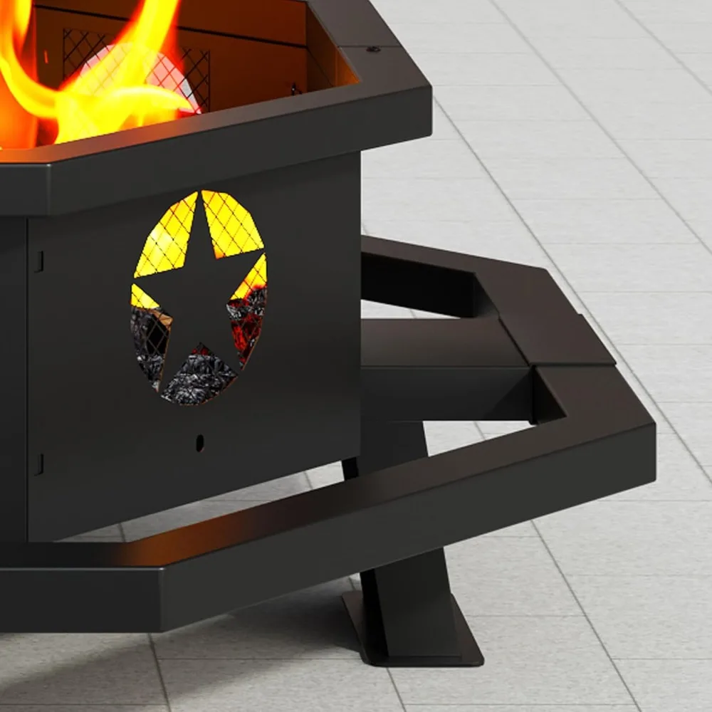 حفرة نار مقاس 43 بوصة لحرق الخشب الخارجي، حفرة نار مثمنة خارجية مع بوكر، حفرة نار كبيرة للتخييم، الفناء الخلفي، الفناء #6