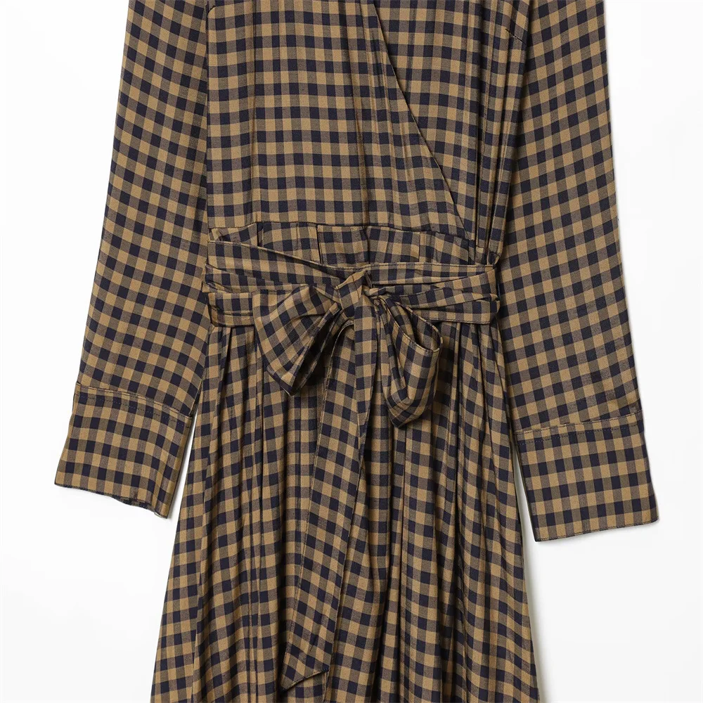New 2025 Women's Plaid Shirt Collar Long Dress with Belt Casual Chic Autumn Fashion Dress Long Sleeve Chic Women's Dress