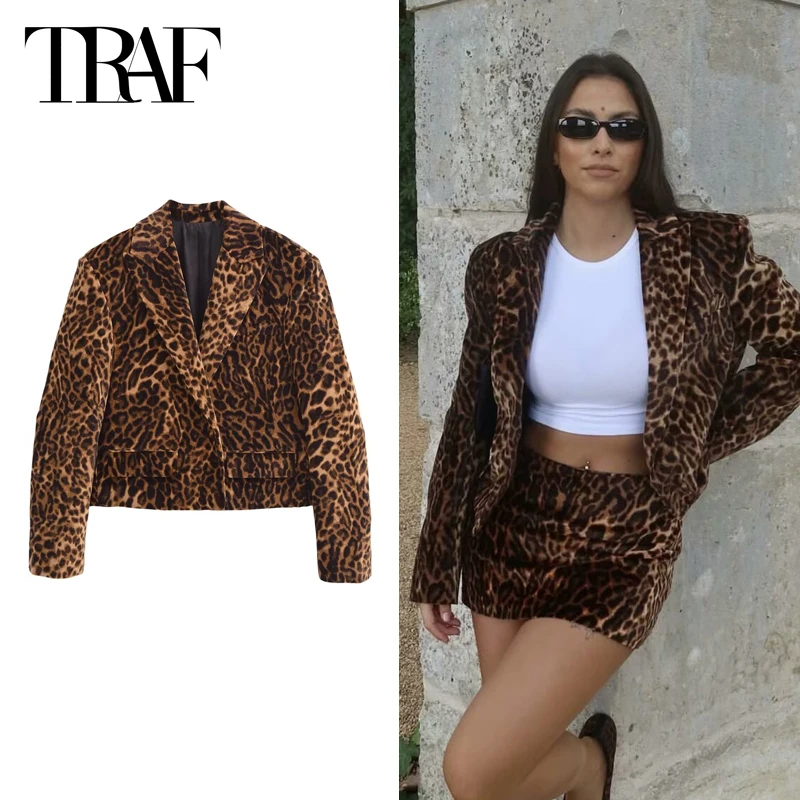 TRAF 2024 Women Leopard Cropped Blazers Autumn Winter Printed Short Blazer Coats Ladies Fashion Casual Elegant Outerwears