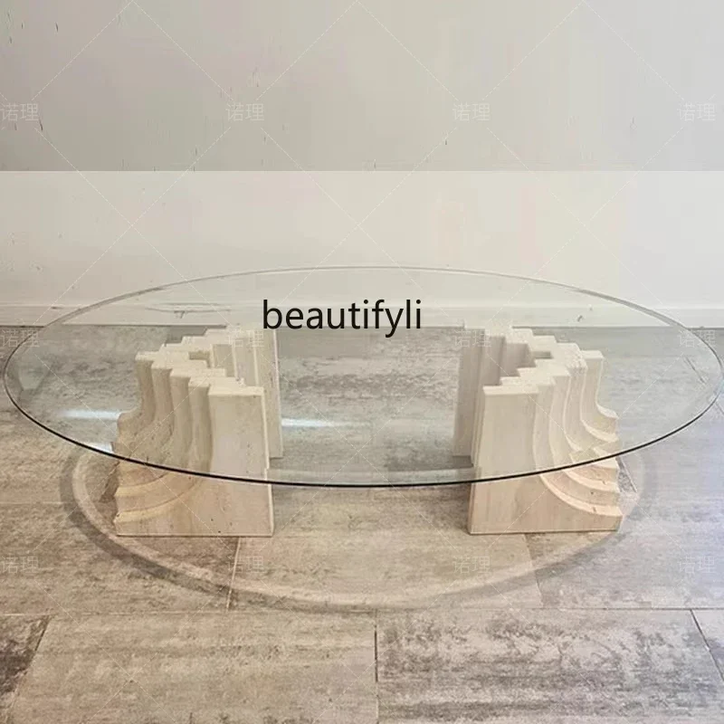 

45Nordic natural travertine coffee table oval creative tempered glass modern simple living room small apartment home