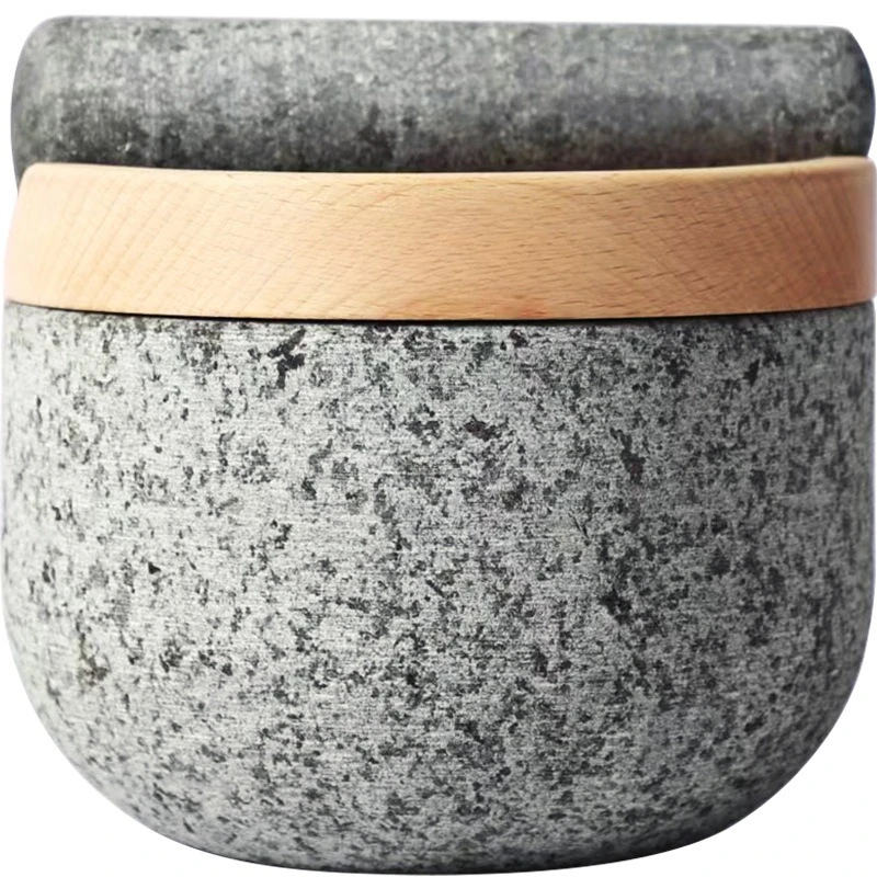 

Garlic tamper Household tamper Stone mortar Beech top cover Natural granite Vintage grinder