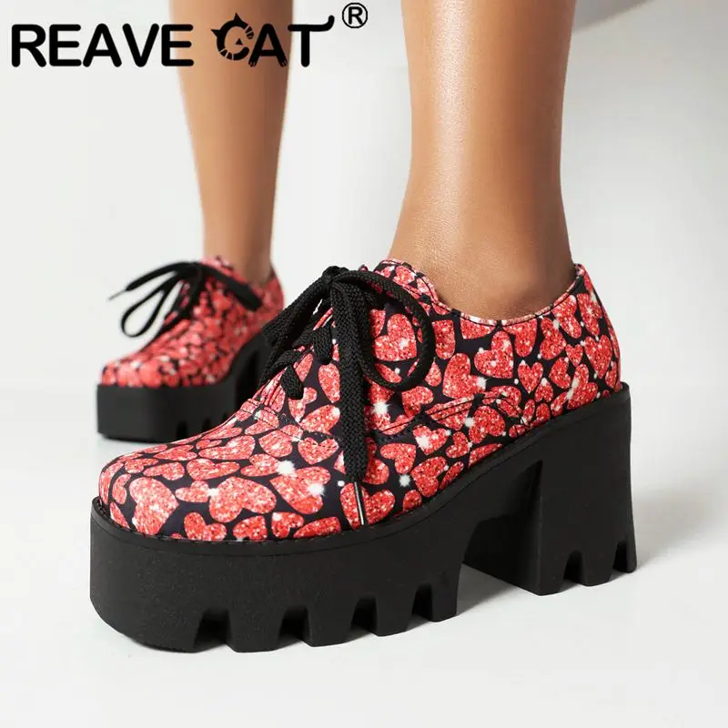 REAVE CAT Décolleté femminili Punta Tacchi grossi Piattaforma 7 cm 4 cm Stringate Colore misto Taglia 45 46 Scarpe per il tempo libero quotidiano