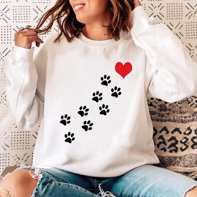 

Womens Female Casual Clothing Sweatshirts Woman Love Heart Cat Dog Paw O-neck Pullovers Ladies Spring Autumn Winter Hoodies