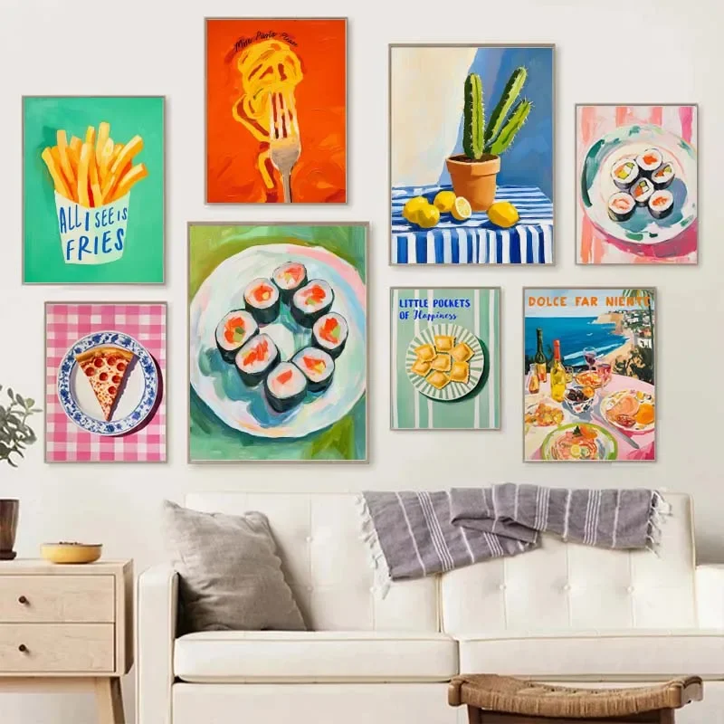 Wine Fruit Food Canvas Prints Pizza Pasta Avocado Sushi Wall Art Poster for Modern Living Room Bedroom Kitchen and Home Decor
