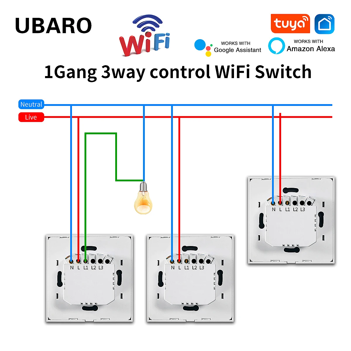 UBARO EU Standard 2 Way Wifi Smart Wall Switch Multi Control Voice Timer Sharing Function Works With Tuya App Home Improvemet