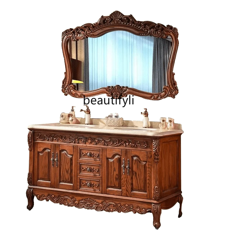 

European-Style Bathroom Cabinet Red Oak Double Basin Wash Basin Washbasin Cabinet Floor Washstand