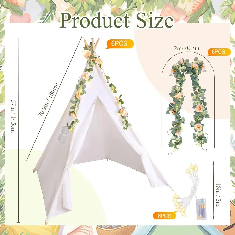 6 Sets Tipi Tent Indoor Katoen Linnen Tipi Speeltent met 6,6 ft Roze Fake Rose Vine Kunstmatige Garland 10 ft Werkt op batterijen