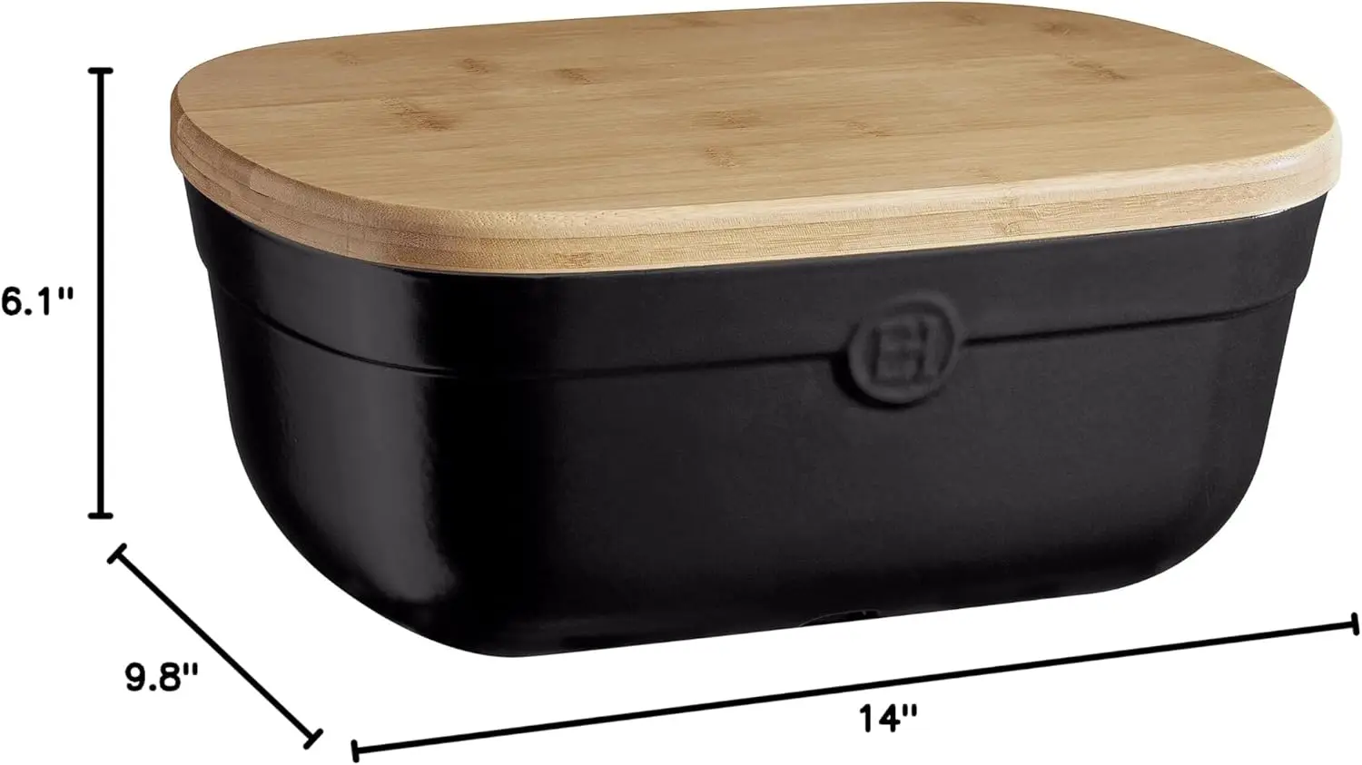 Caixa de pão de cerâmica de 14 polegadas com tampa de madeira, trufas pretas - mantém pão fresco e crocante