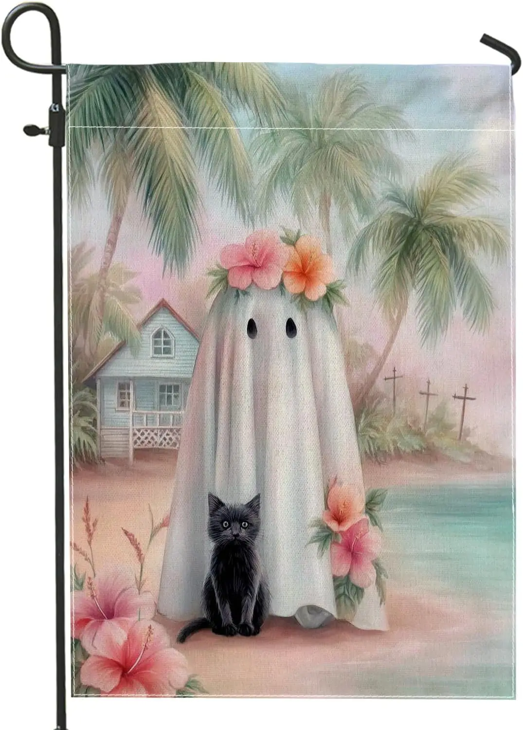 Halloween Ghost and Cat Garden Flag, Peach Floral Beach Decor, Double Sided Burlap Yard Banner for Autumn Outdoor Decoration yyi