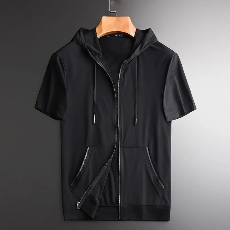 Summer 2025 Thin short-sleeved T-shirt men's hooded cardigan cool, breathable, casual and loose top