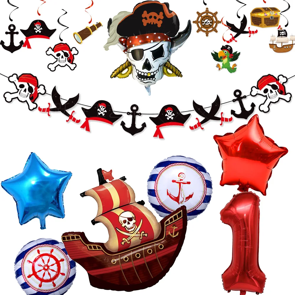 Cartoon Pirate Theme Birthday Decoration Balloon Kit Pirate Skull Banner Pirate Ship Party Supplie Kid Birthday Gift Baby Shower