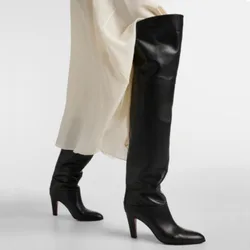 Brand Walk Show Simplicity Black Leather Over The Knee Boots Fashion Runway Party Motorcycle Racing Hot Dance Women Boots 32-46