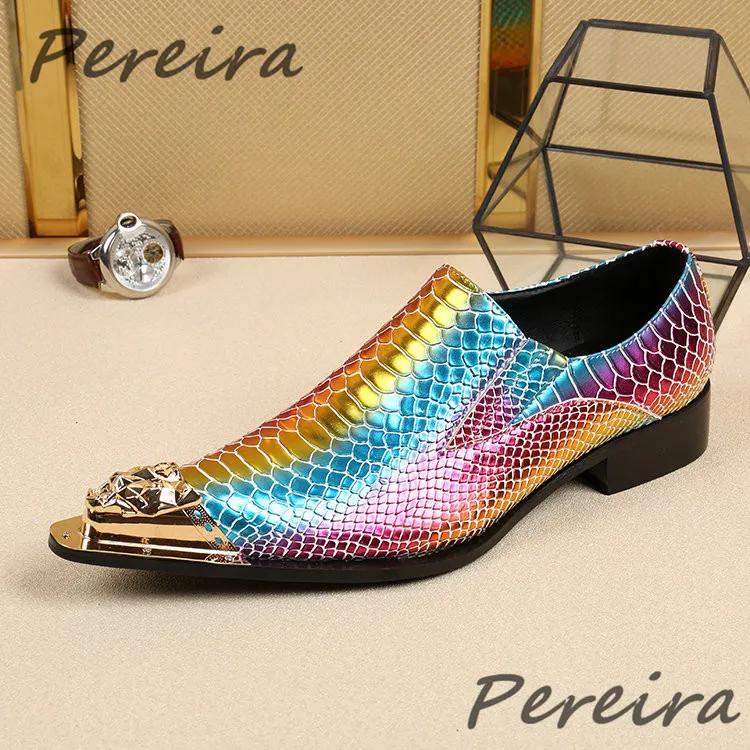 Rainbow Colors Men Cow Leather Shoes British Style Metal Pointed Toe Slip On Oxfords Luxury Fashion Party Wedding Dress Shoes