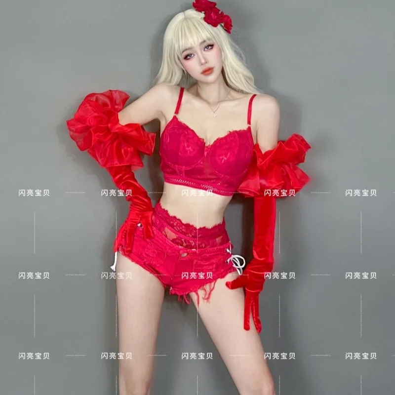 Red Lace Crop Top & Briefs Lace‑Up Shorts Set with Floral Hair Decor & Long Gloves Women Nightclub Gogo Dancer Singer Stage