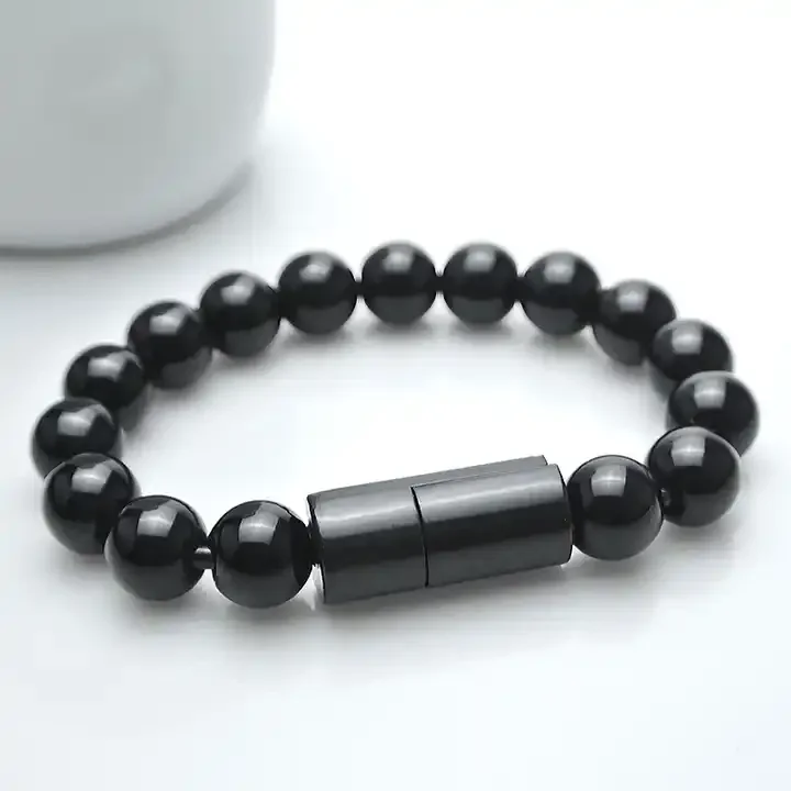 Black Beaded Bracelet USB Charging Cable, Fashion Bracelet for Android