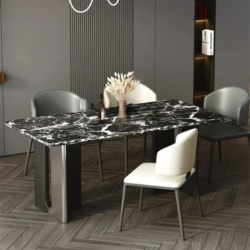 New Marble Dining Tables and Chairs Set Luxury Slate Venice Brown Light Luxury High-End Home Rectangular