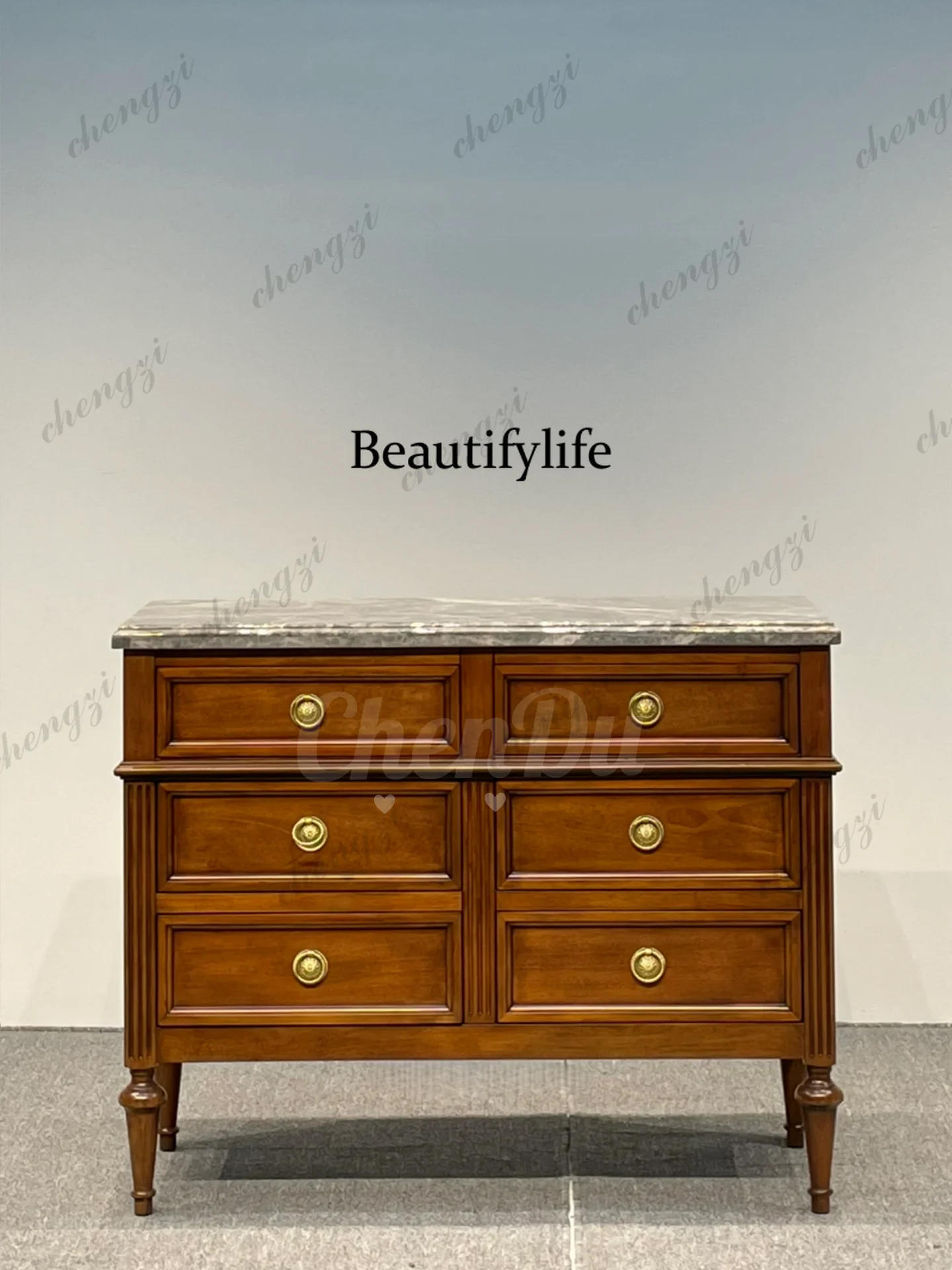 Retro solid wood chest cabinet American light luxury door cabinet living room marble dining side high-end drawer cabinet
