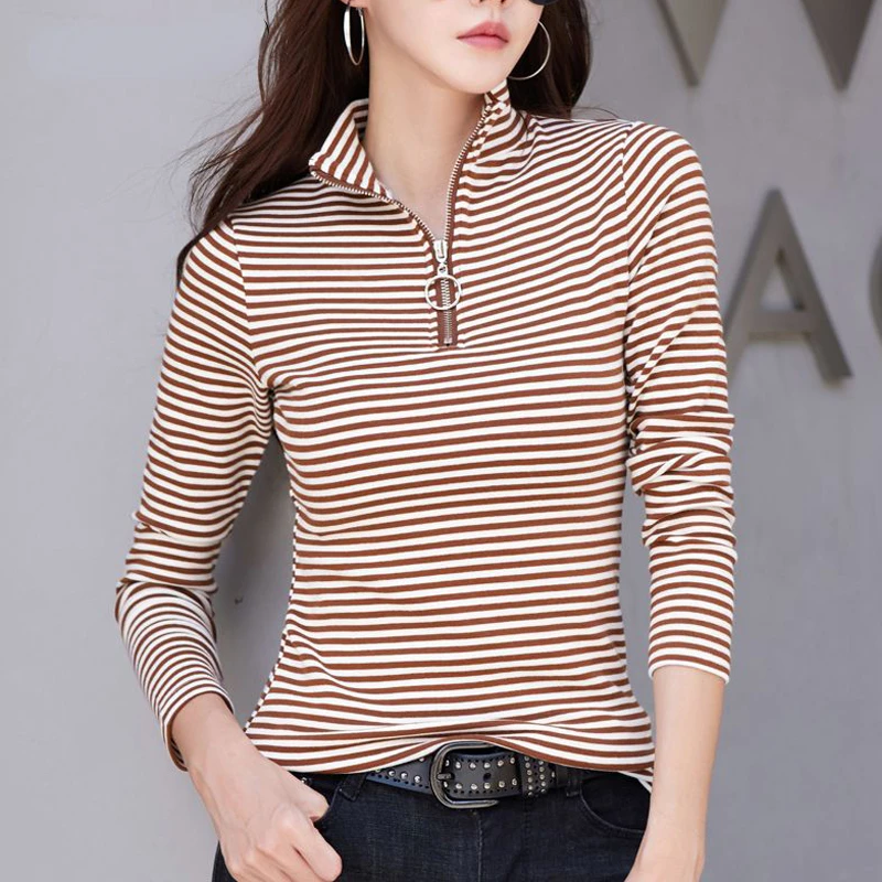 

Women Korean Fashion Stand Collar Half Zipper Striped Cotton Basic T-shirt Casual Long Sleeve Slim Pullover Tops Ropa De Mujer