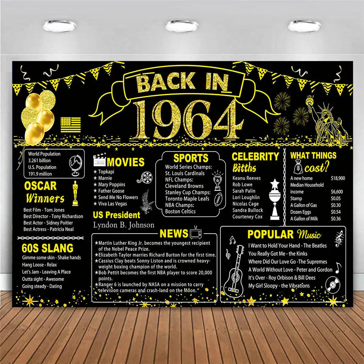 Back in 1964 Backdrop 60th Birthday Party Decor Banner Blue Pink Purple Black Gold Background for Women Men Sixty 60 Years Old