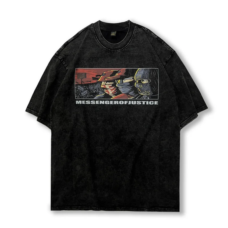Camiseta de gran tamaño para hombre, ropa de calle estilo Hip Hop, con estampado de sombra de rayos negros lavados, Retro, Harajuku, de algodón, 2024