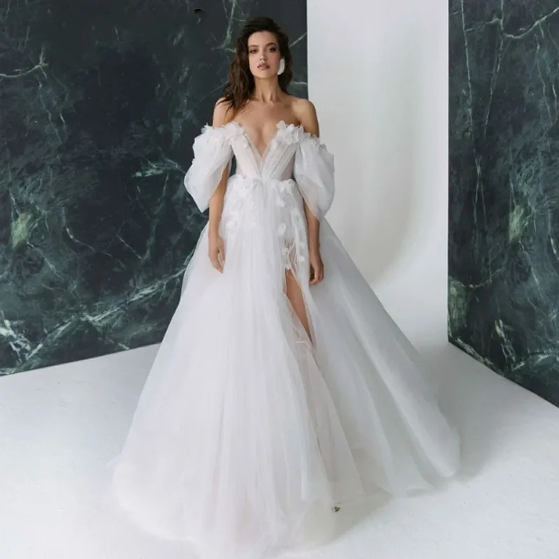 A-Line Organza Wedding Dress Lantern Sleeves Boat Neck Silt 3D Flower Bride Party Gown Vestidos De Noiva Boho Custom Made