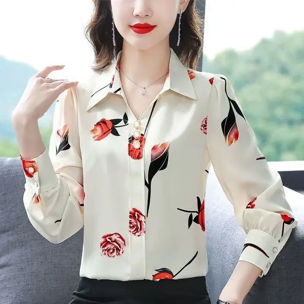 2023 New Spring Fashion Minimalist Print Polo Collar Single Breasted Long Sleeved Temperament Commuting Chic Women\'s Shirt