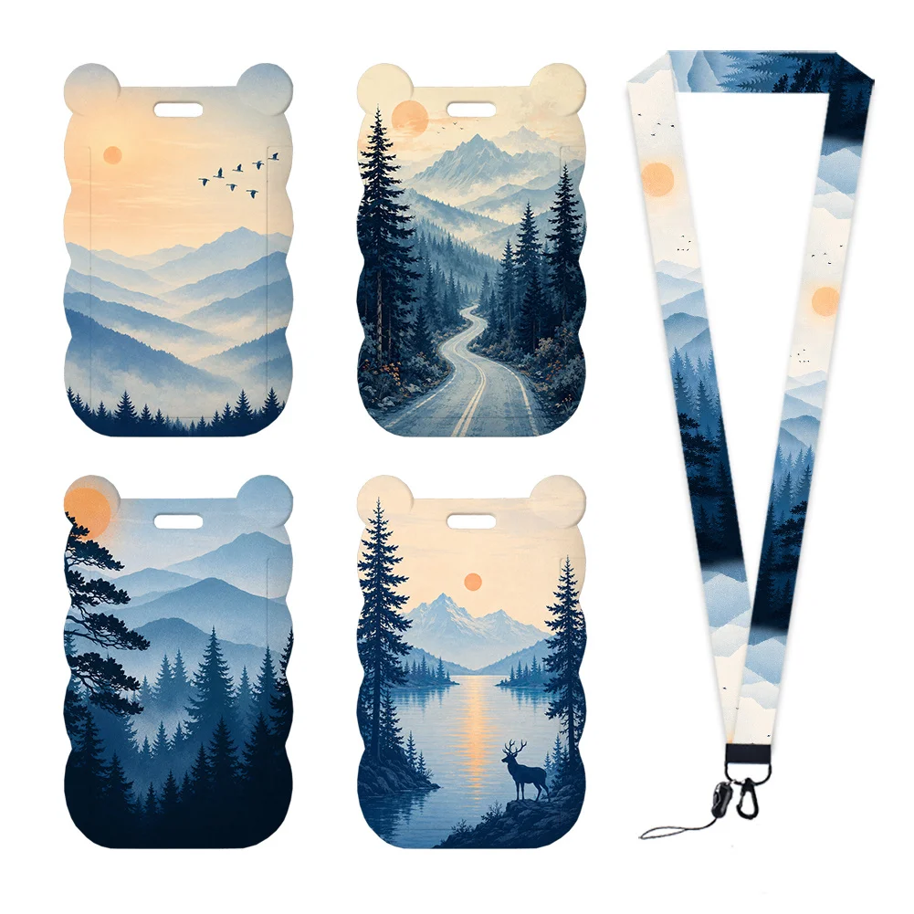 The Sun Rise Mountain Sea Rive Work Card Holder Work Access Name Badge with Keychains Student Id Card Lanyard Holder Accessories