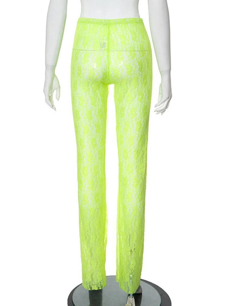 Sibybo Lace See Through Bowknot Pants Sexy Gauze Skinny Bell-bottoms Solid Color Splice 2024 Spring And Summer Women Trousers