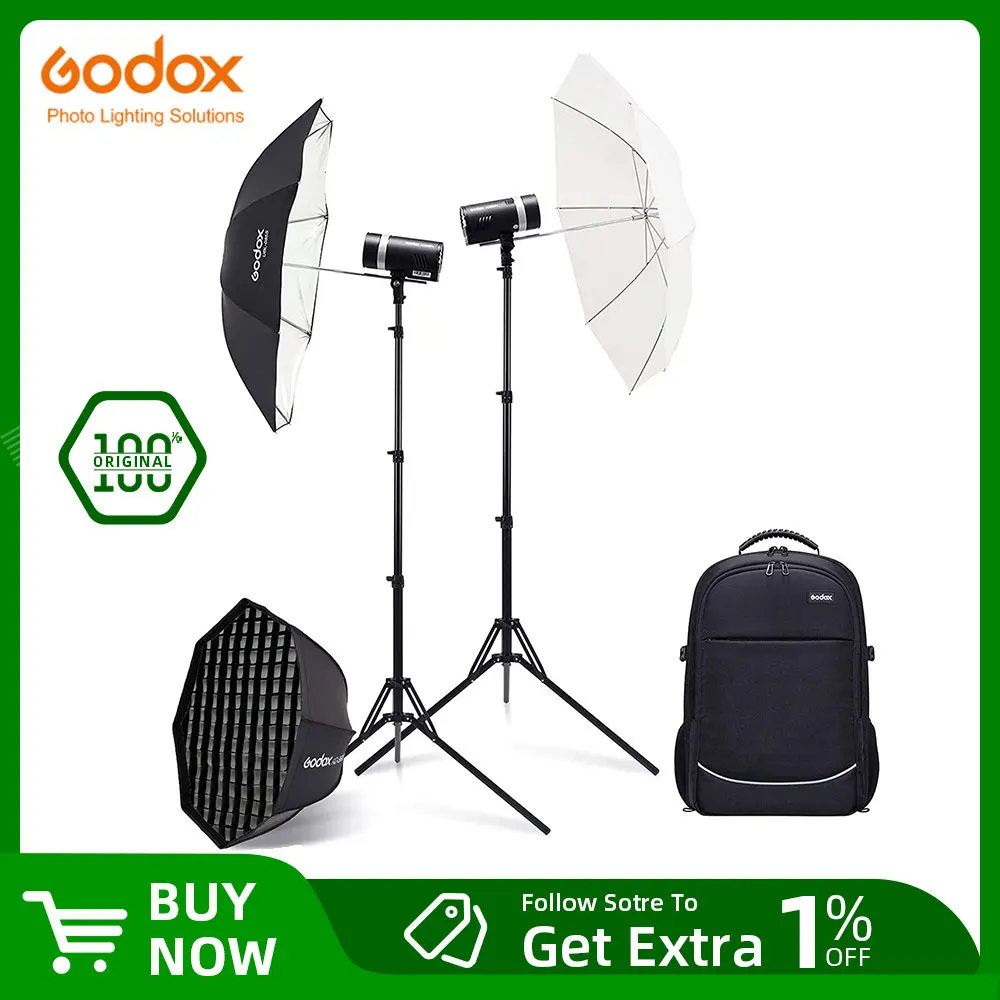 Godox 2pcs AD300Pro AD300 PRO 300W Out Door Flash Dual Flashes Backpack Softbox Light Stand Umbrella Kit