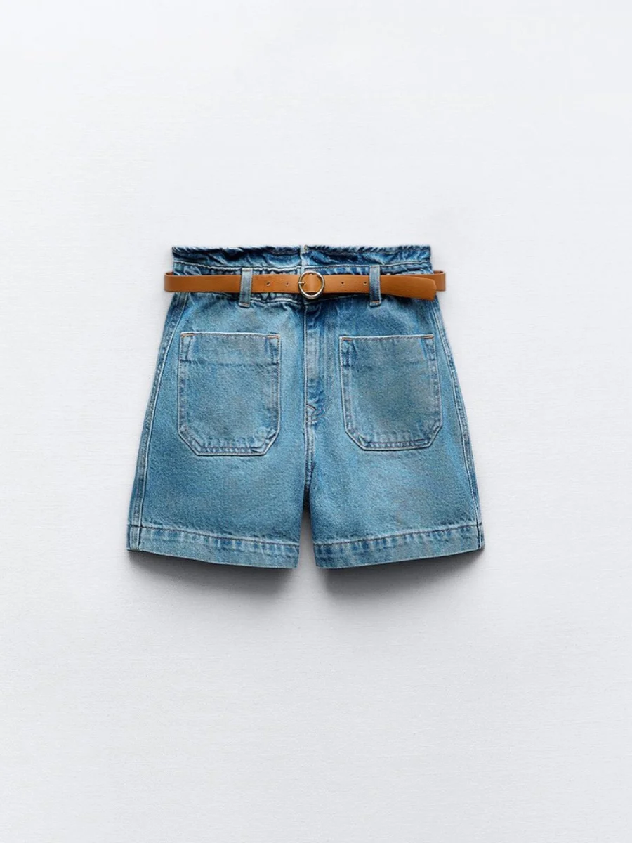 

Summer New Arrival Women's High Waist Straight Leg ort Pants with Belt Casual Ele Denim Blue Jeans Women's Faion