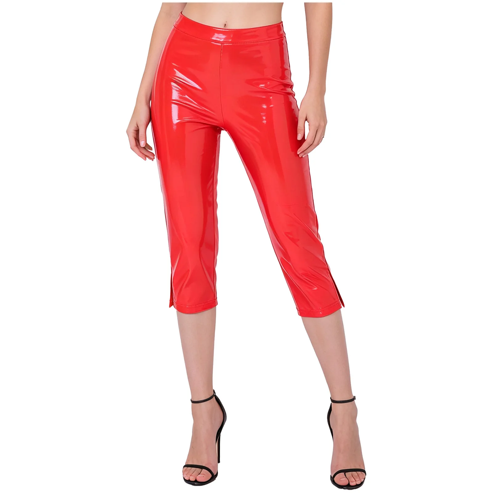 Women High Waist Skinny Wet Look Patent Leather Pencil Capri Pants Y2k Trousers Nightclub Rave Party Bar Clubwear Streetwear