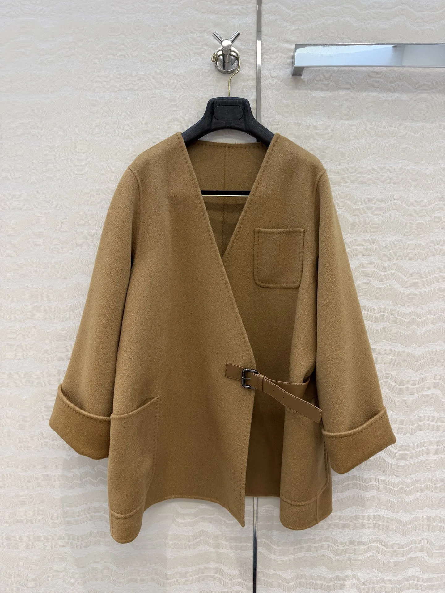 Handmade V Neck Double Faced Cashmere Coat, 100% Lambskin Waist Buckle Strap, 90% Wool 10% Cashmere Imported Fabric, Large Pocke