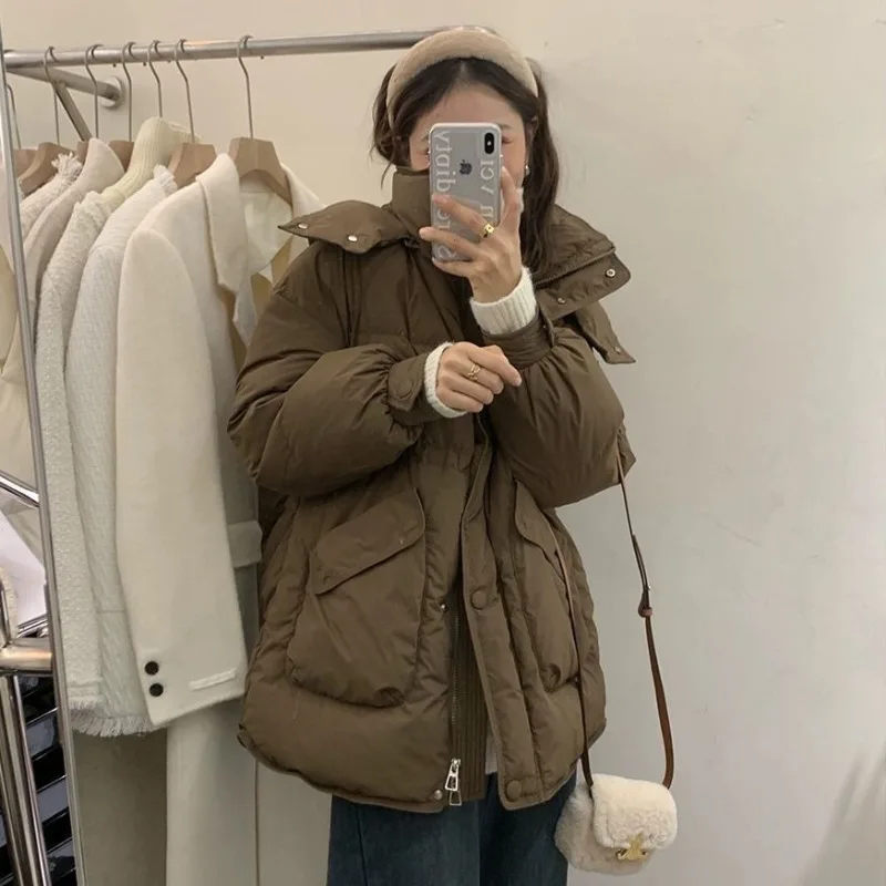 Imagem -02 - Jaqueta com Capuz com Bolsos Grandes para Mulheres Parkas de Cintura Feminina Sobretudo Quente Outwear Grosso Cabolsa Solto Novo Inverno 2023