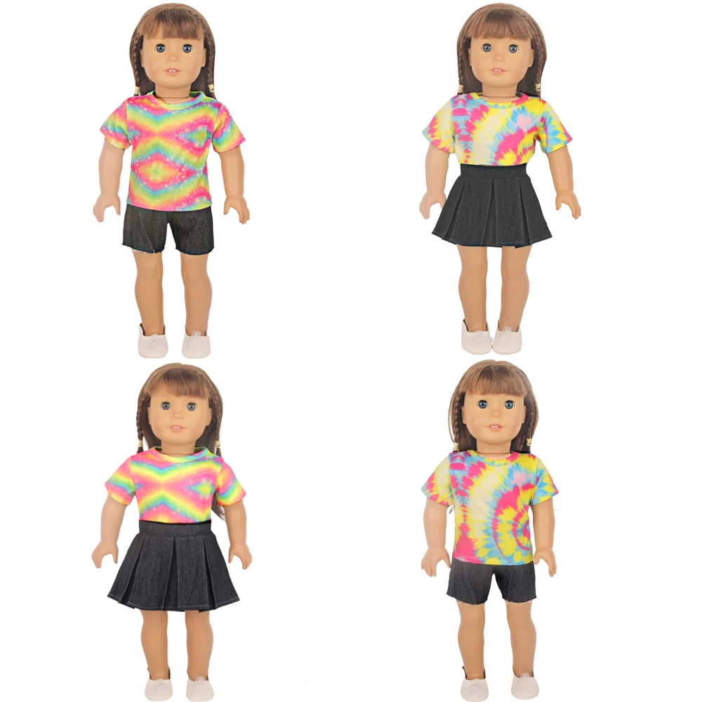 Colorful Bandhnu T-shirt+Shorts/Skirt Clothes Set For American 18 Inch Girl Doll Bohemian Outfit For 43cm Baby New Born,OG Dolls