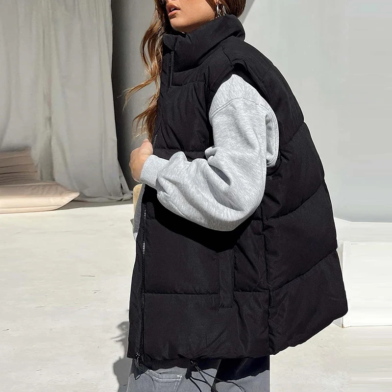 Outono inverno feminino coletes acolchoados cor sólida vintage gola sem mangas zip-frente bolsos solto casual colete quente